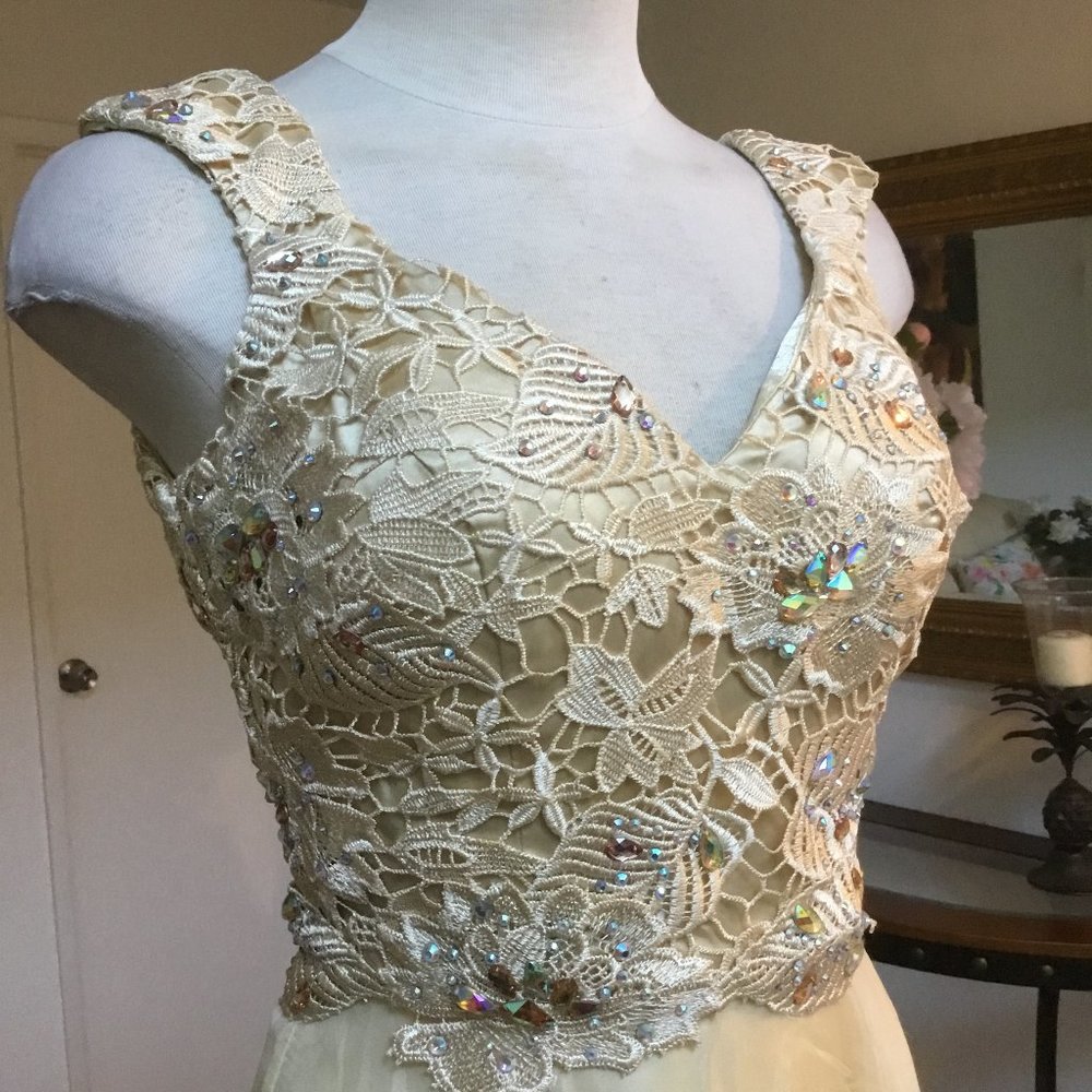 Evening Embroidered Rhinestones Maxi Long Dress Sleeveless Wide Straps Gold  XS